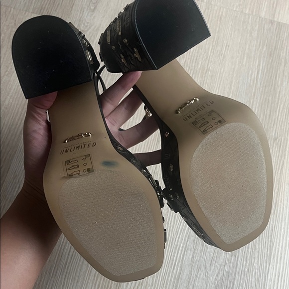 Aldo x Wicked Take Flight Black Gold Vegan Leather Platform Heels - Picture 9 of 9